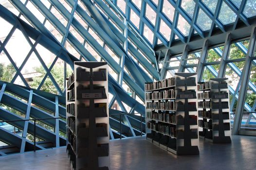 a view of library shelfs at the Seattle public library