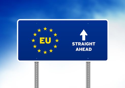 Blue Erropean Union highway sign on Cloud Background. 