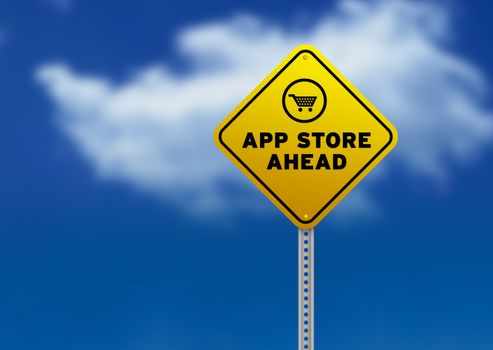 High resolution graphic of a yellow App Store Ahead Road Sign on Cloud Background. 