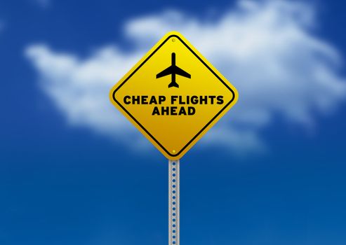 High resolution graphic of a yellow Cheap Flights Ahead Road Sign on Cloud Background. 