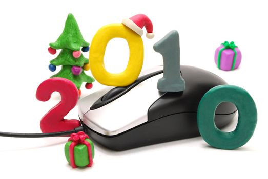 3D New Year Text 2010 with Christmas Tree and Gifts Made of Colored Plasticine and Computer Mouse Isolated on White Background