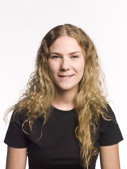 Portrait of a young woman towards white background