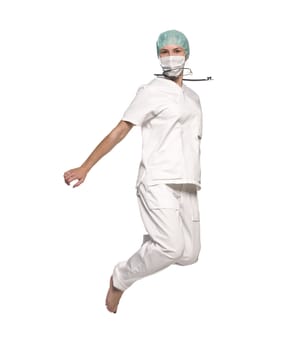 Jumping nurse with a stethoscope