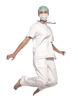 Jumping nurse with a stethoscope