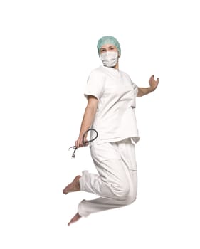Jumping nurse with a stethoscope