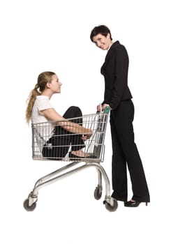 Woman with her friend in a shopping cart