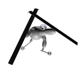 3D Puppet doing freestyle skiing over white background