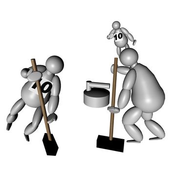 3D Puppets playing curling over white background