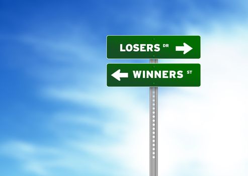 High resolution graphic of losers and winners Road Signs on Cloud Background