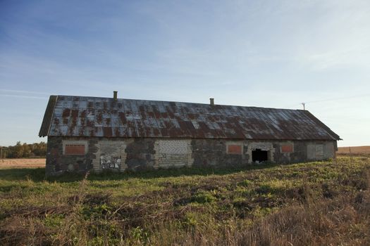 Colorful barn at a field near Rakvere, Estonia.