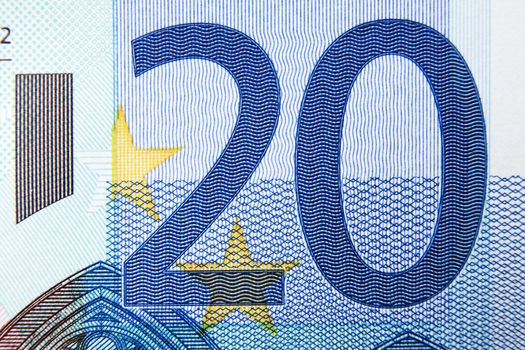 Closeup photo of a part of twenty euro note. Macro photo.