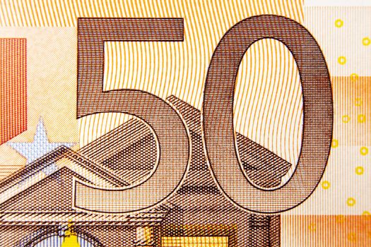 Closeup photo of a part of fifty euro note. Macro photo.