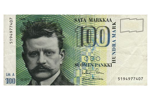 Macro photograph of hundred Finnish Marks note.