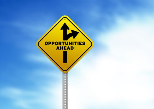 High resolution graphic of a yellow Opportunities Ahead Road Sign on Cloud Background. 