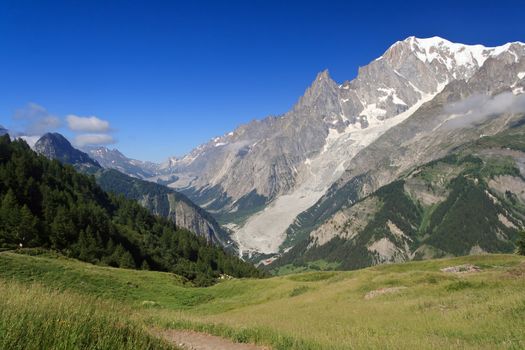 summer view Mont Blanc massif from Ferret valley, Courmayeur, Italy. Photo taken with polarized filter