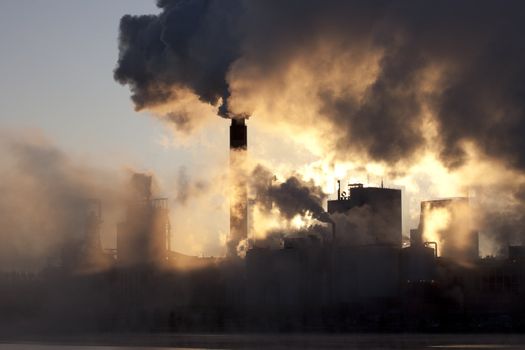 Paper mill covered by heavy smoke screen by hazy sunrise.