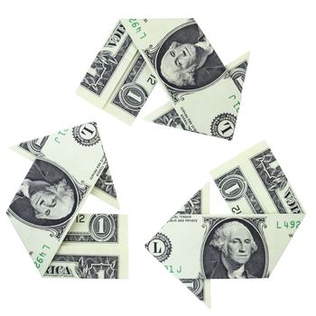 Recycling logo created from folded dollar bills, isolated on a white background.