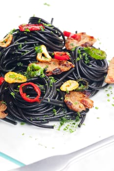 sepia spaghetti with turkey meat and chilli