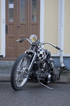 Parked motorcycle in the city.