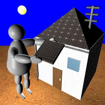 3D puppet putting solar panel on rooftop of his house