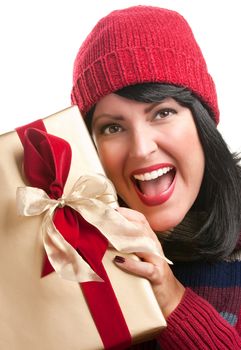 Happy, Attractive Woman Holds Holiday Gift Isolated on a White Background.