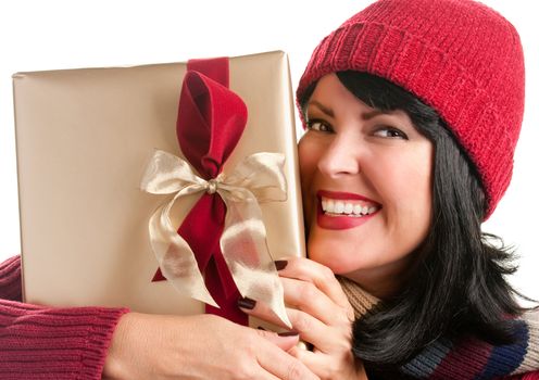 Happy, Attractive Woman Holds Holiday Gift Isolated on a White Background.