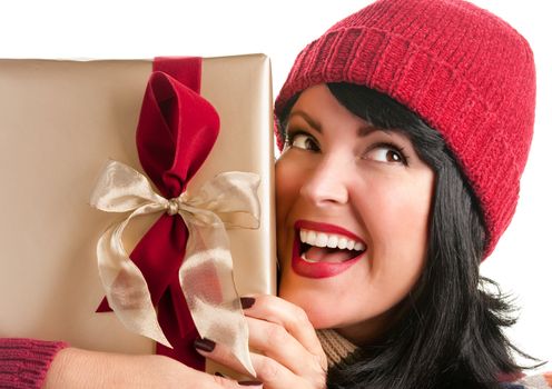 Happy, Attractive Woman Holds Holiday Gift Isolated on a White Background.