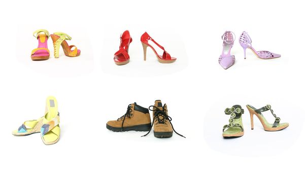 Six pairs of shoes front and side view on white background
