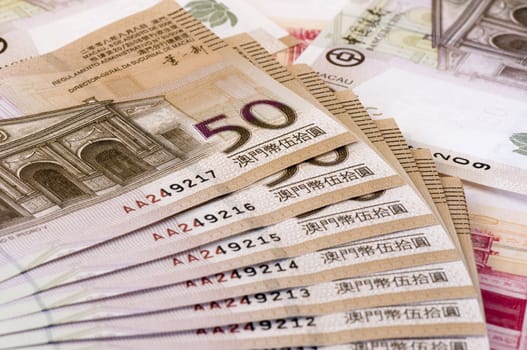The stack of Macau money (bills and notes)