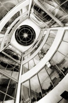 View from below of interior futuristic glass building