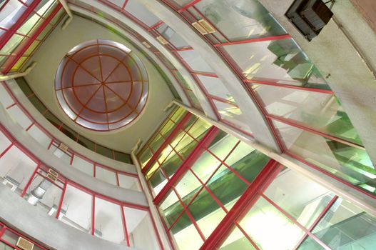 View from below of interior futuristic glass building