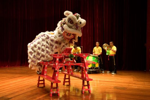 MACAU - APRIL 25: The traditional Chinese lion dance on stage, April 25, 2009, Macau, China