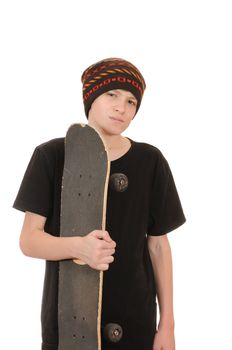 The teenager with a skateboard and in a hat isolated on white background