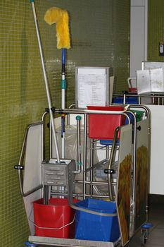 A cleaning trolley with equipment for professional cleaning
