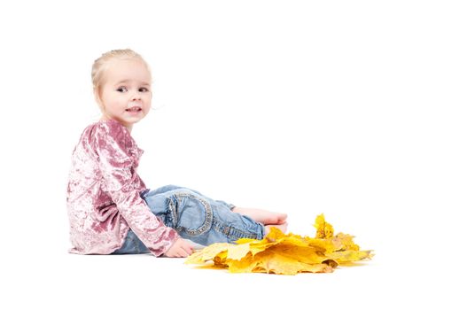 Shot of toddler playing with muple leaves in studio