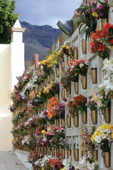 Flowers and stones, cemetery overview in Tenerife