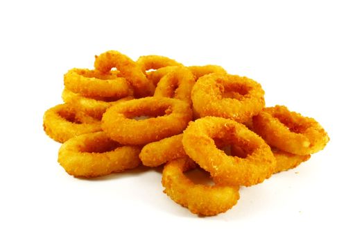 Fast Food Popular Side Dish of Onion Rings on White Background