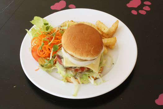 Hamburger Set Meal On Black Table During the Day