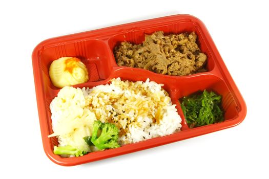 Take Out Food Japanese Dish consisting of beef, vegetable and rice