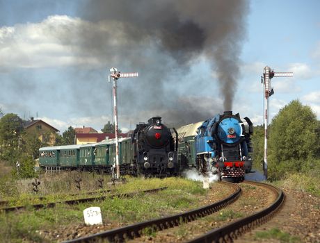 steam trains from Krupa station, steam locomotive called Parrot 477.043 and locomotive 464.102, Czech Republic