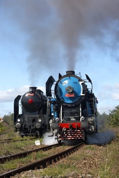 steam locomotive called Parrot 477.043 and steam locomotive 464.102, Czech Republic