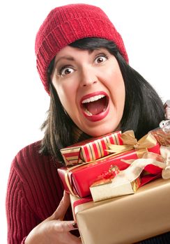 Happy, Attractive Woman Holds Holiday Gifts Isolated on a White Background.