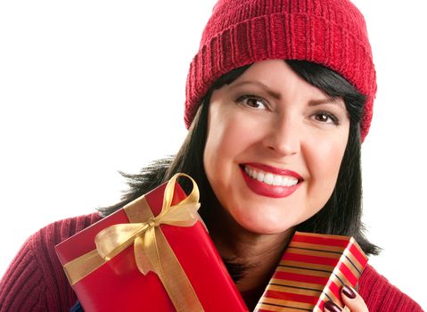 Happy, Attractive Woman Holds Holiday Gifts Isolated on a White Background.