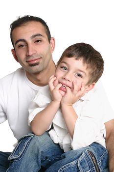 Father and son wearing casual clothes together - white background.