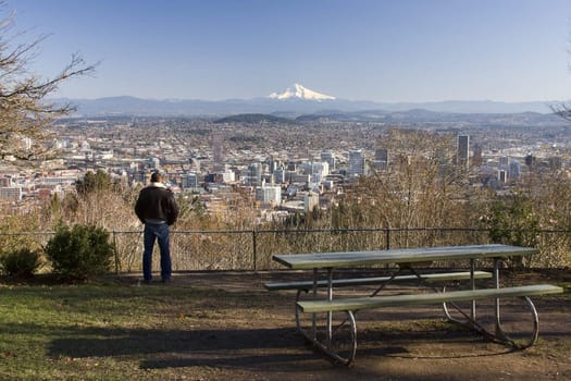 Male model overlooking city of Portland, Oregon.