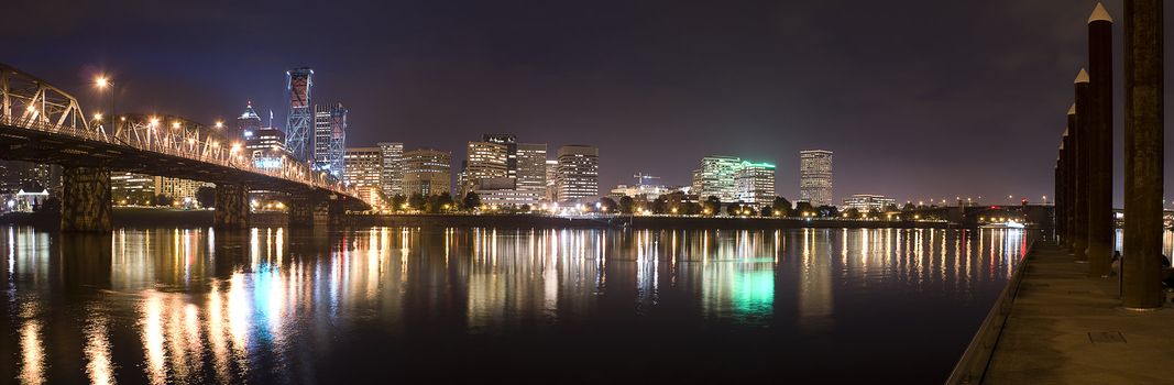 Portland, Oregon Panorama.  Night scene with light reflections on the Willamette River