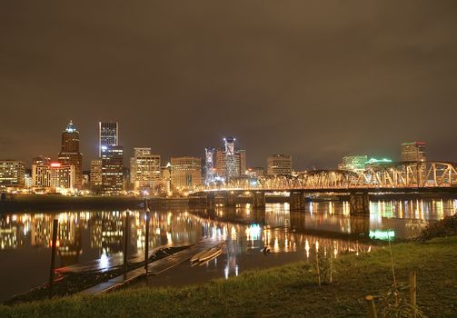 Portland, Oregon Panorama.  Night scene with light reflections on the Willamette River