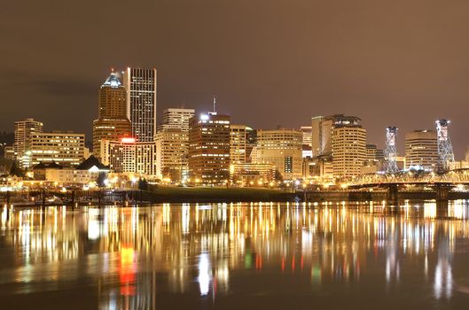 Portland, Oregon Panorama.  Night scene with light reflections on the Willamette River