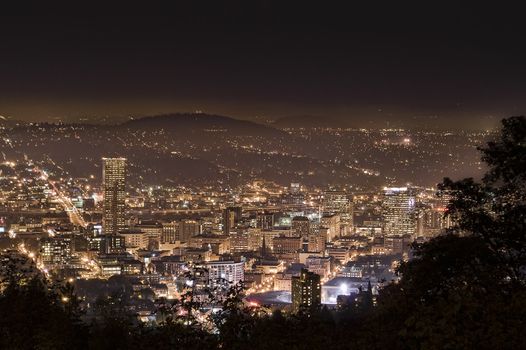 View of Portland, Oregon from Pittock Mansion at night.