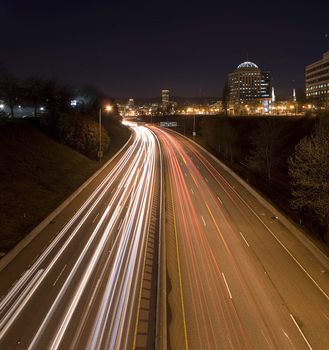 Portland, Oregon.  Night view of Interstate 5 with light trails.
